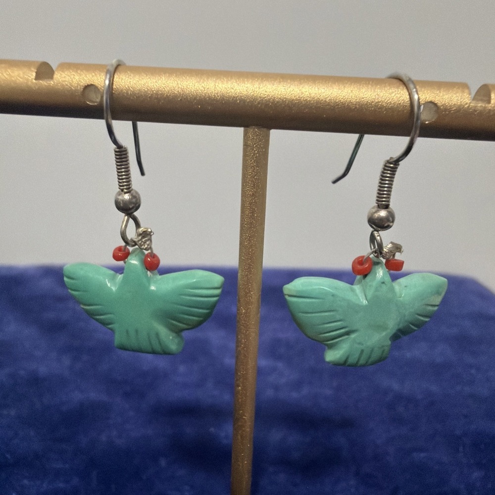 Carved Turquoise Eagle Native Fetish Earrings Fashion Jewelry Dangle Hook